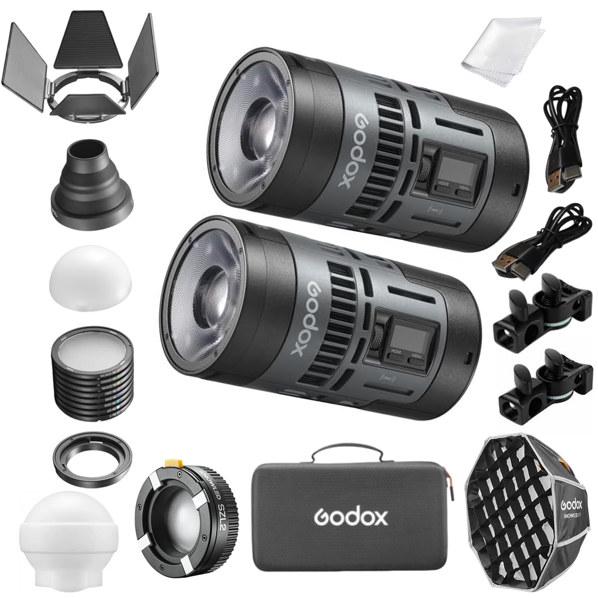 Godox RS60Bi Kit2 バイカラー LED ビデオライト (2 ライトキット)、CCT 2800-6500K、11 種類の照明効果、HSI、高 CRI 97+、TLCI 98+、DMX/APP 制御および複数の電源ソリューションをサポート