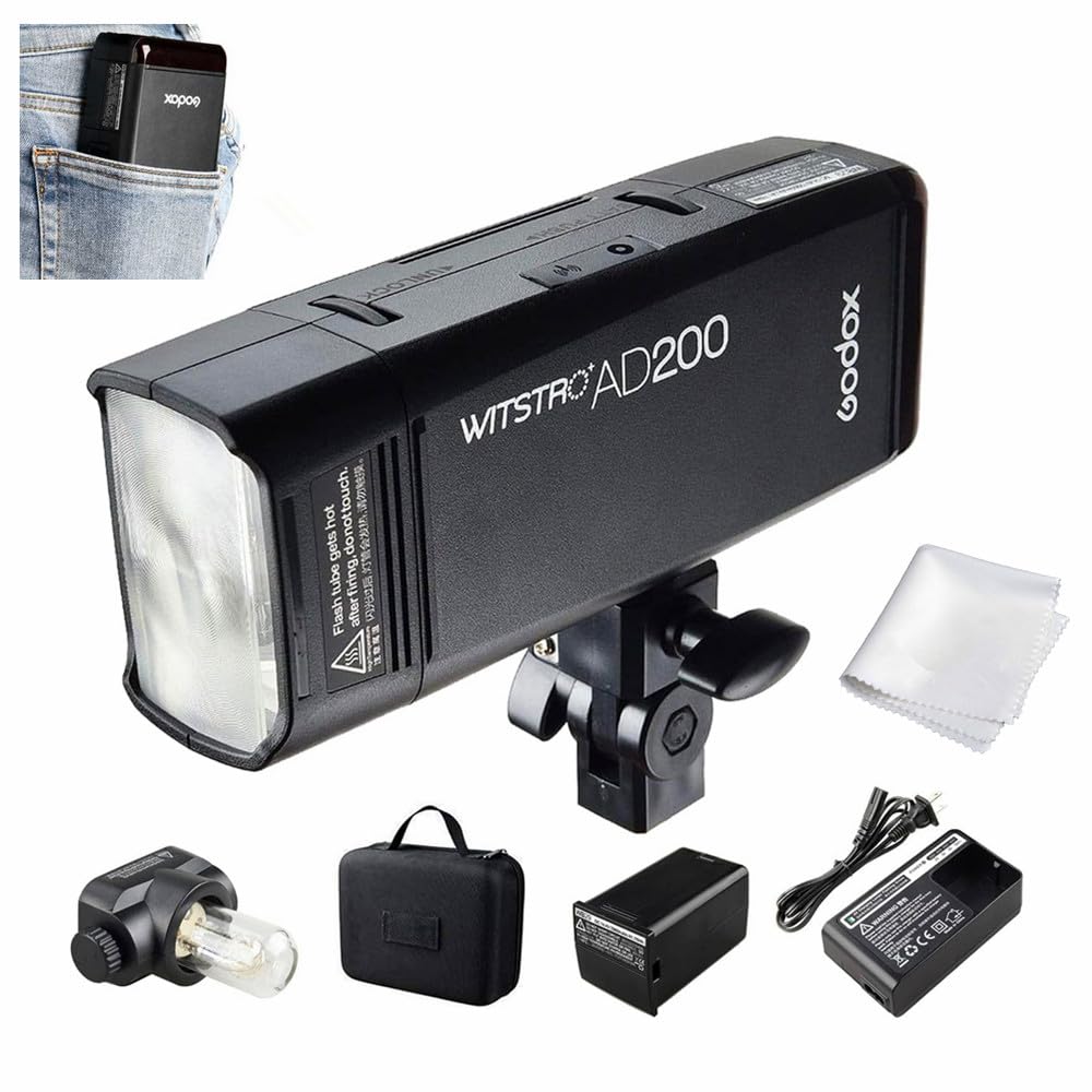 Godox AD200 200Ws 2.4G TTLフラッシュストロボ 1/8000 HSS コードレスモノライト 2900mAhリチウム電池と裸電球/スピードライトフレネルフラッシュヘッド付き 500フルパワーショットをカバーし、0.01-2.1秒でリサイクル
