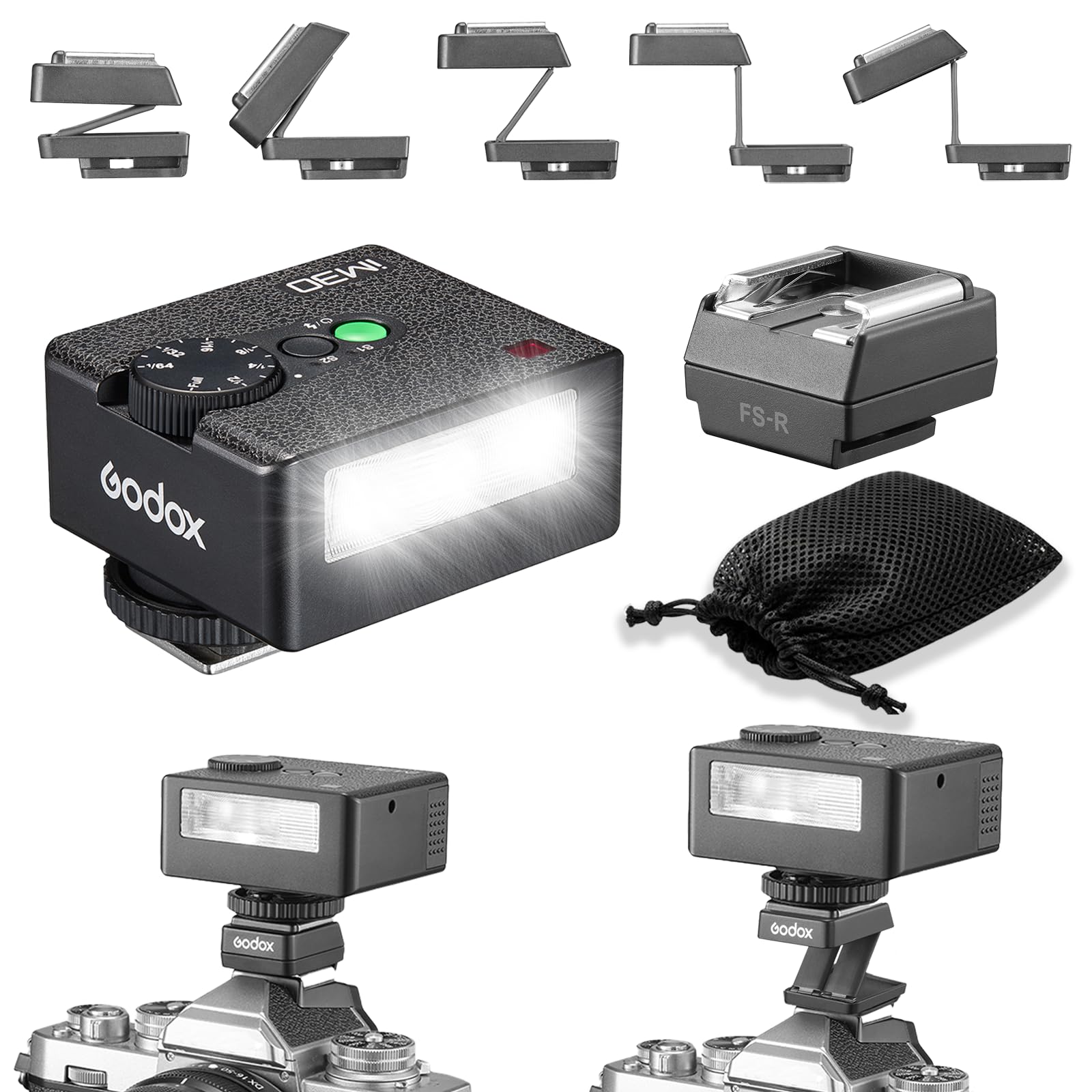 GODOX IM30 ミニフラッシュ FS-R ライザー GN15 S1/S2 付き - カメラフラッシュ GN15、7段階パワーレベル、IM30 ミニマニュアルフラッシュ、Sony zv1/Sony zve10/Ricoh gr3/Fuji f1-230/Canon 6500K±200K/3.6S リサイクル対応