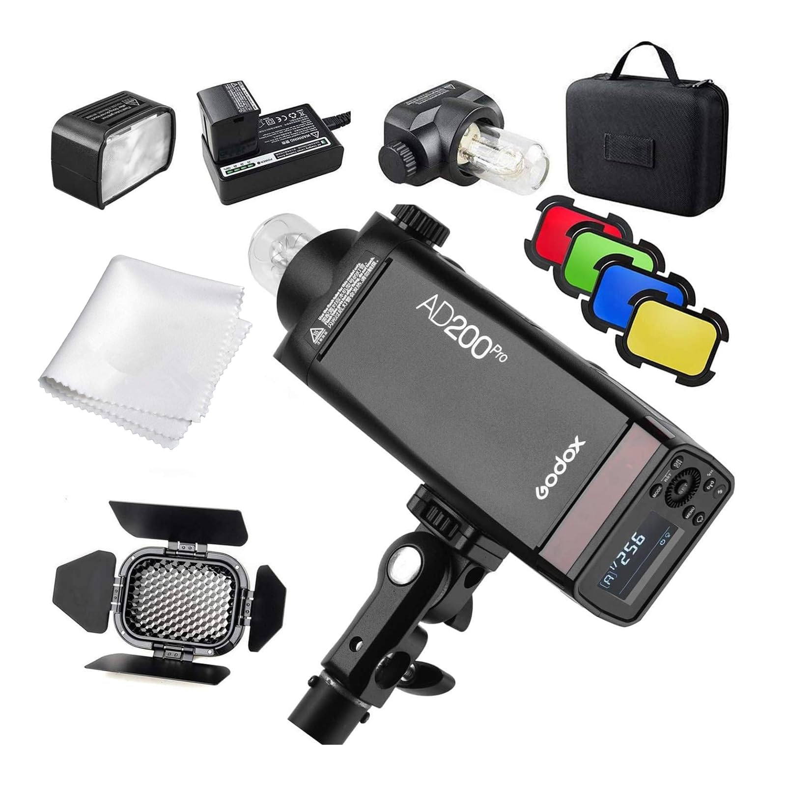 GODOX AD200 Pro BD-07バーンドアハニカムグリッド4色フィルターキット、200W 2.4Gフラッシュストロボ、1/8000 HSS、500フルパワーフラッシュ、0.01-2.1秒リサイクル、2900mAhバッテリー付き