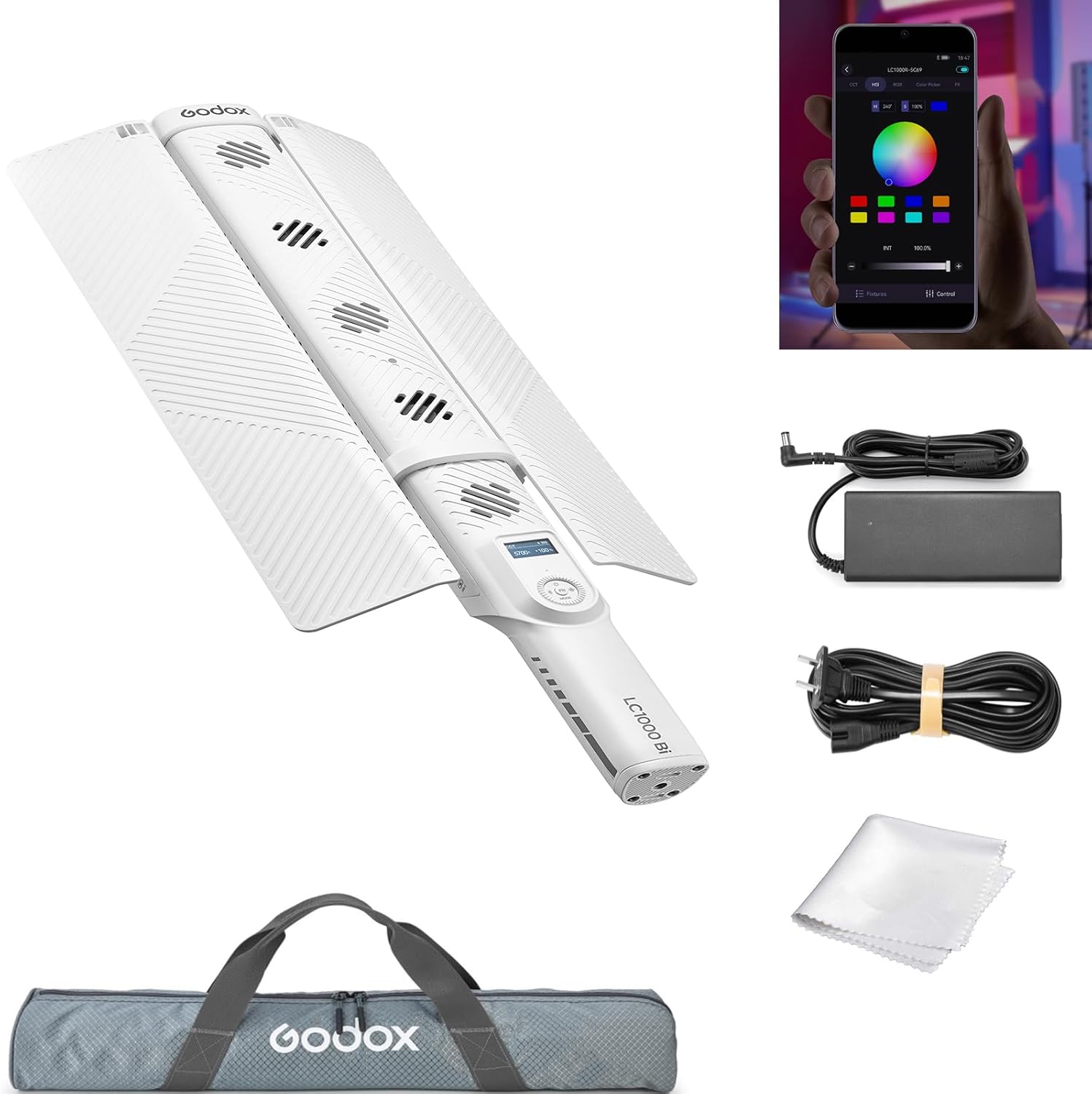 Godox LC1000Bi 100W バイカラーLEDライトスティック、11種類のプリセットエフェクト、CRI 96 TLCI 96、2500-8500K CCT、オンボード&amp;アプリコントロール、複数のカラーモード、バーンドア付き、Vlog、ライブストリーミング、YouTube、ポートレート用