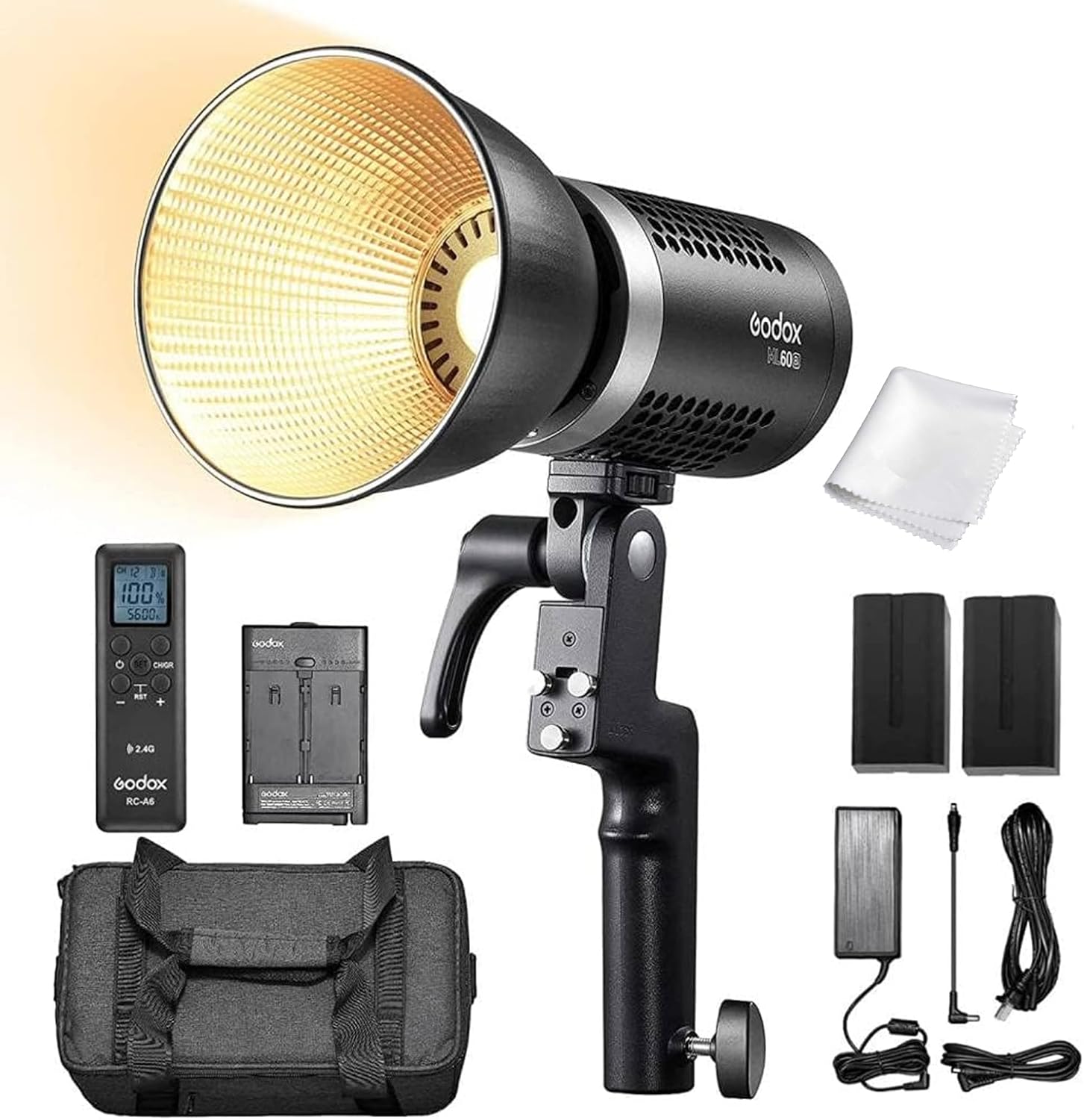 Godox ML60Bi バイカラー 60W LED ビデオライト、2800K-6500K 色温度、CRI 96+ TLCI 97+、10100Lux@1m リフレクター付き、7種類のFXエフェクト、サイレントモード、複数の制御方法、リモートコントローラー付き