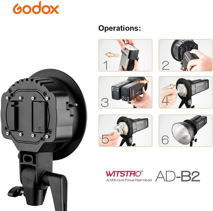 Godox AD - B2 Dual Power Twin Head Bowens Mount to Install 2 Godox AD200Pro II or AD200 Pro Pocket Flash or Flashpoint eVOLV 200 TTL Modular Strobe Light Together to Achieve 400W Power Output - Letwell