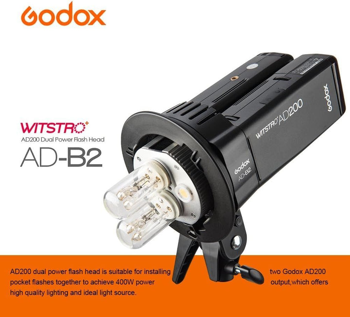 Godox AD - B2 Dual Power Twin Head Bowens Mount to Install 2 Godox AD200Pro II or AD200 Pro Pocket Flash or Flashpoint eVOLV 200 TTL Modular Strobe Light Together to Achieve 400W Power Output - Letwell