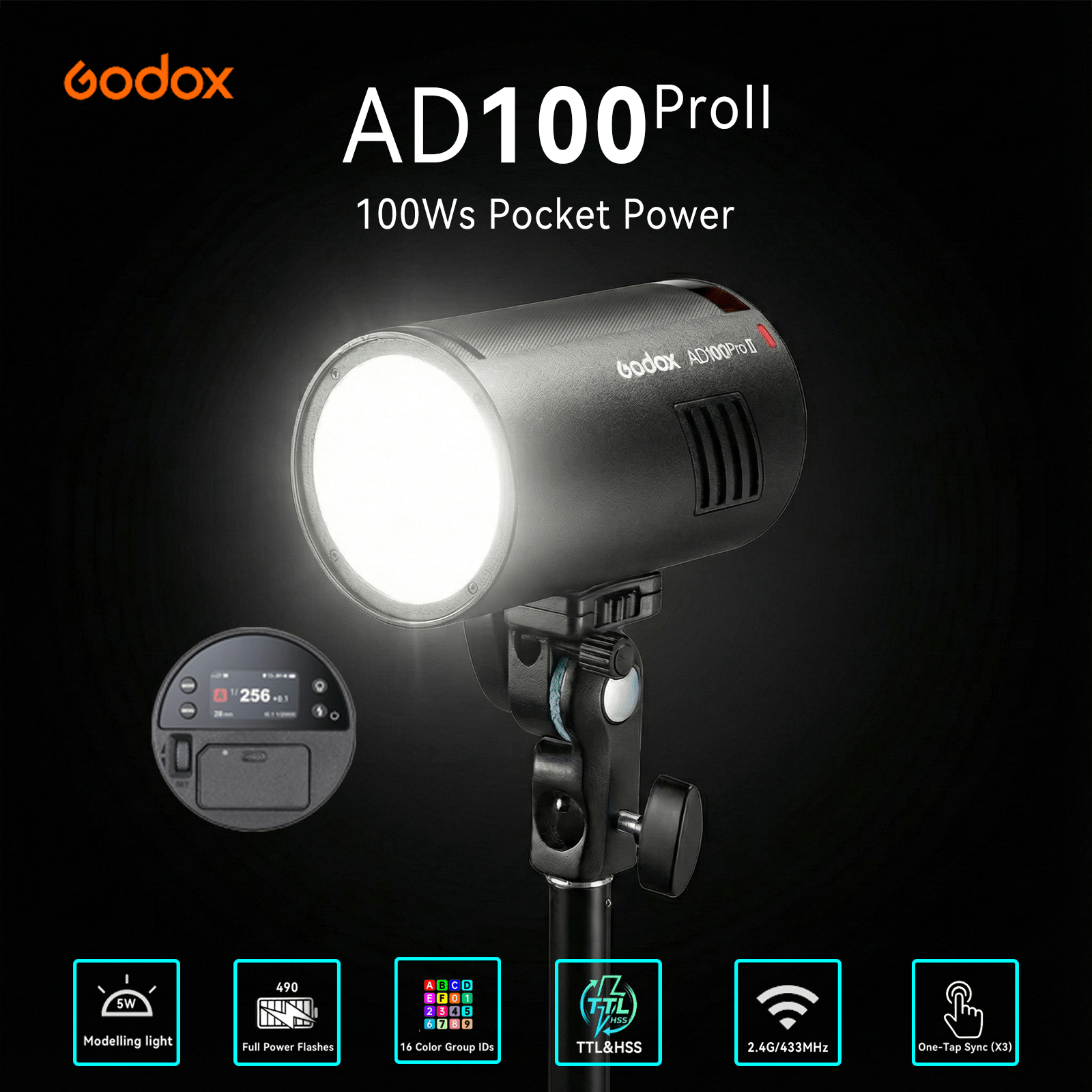Godox AD100Pro II 100Ws Photography Flash, Compact Outdoor Strobe Light with One - Tap Sync to X3 Trigger, Color Group Indicators, 60 - 100 Continuous Full Power Flashes, and Magnetic Mount - Letwell