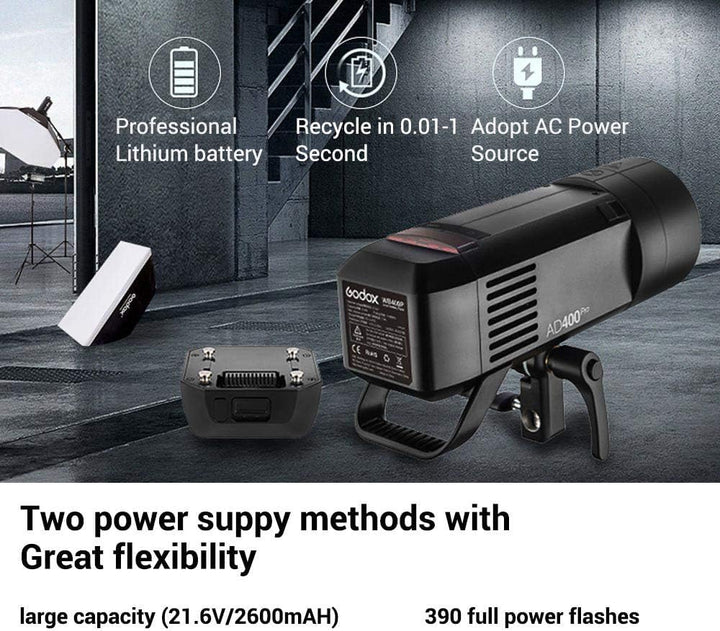 Godox AD400 Pro AD400Pro 400ws GN72 TTL Battery - Powered Monolight, 1/8000 HSS Outdoor Flash Strobe Light, Built - in Godox 2.4G System, 390 Full Power Pops, 0.01 - 1s Recycle Time, 30w LED Modeling Lamp - Letwell