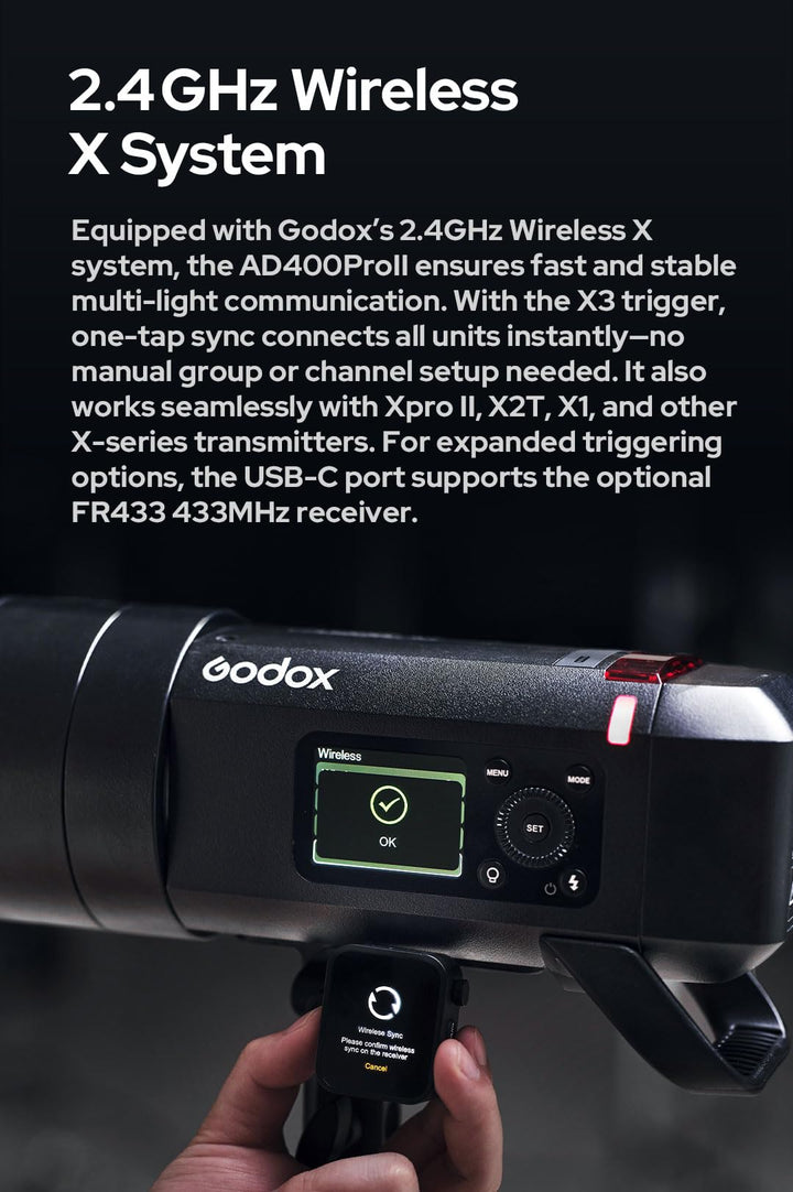 Godox AD400 Pro II AD400Pro II AD400ProII Flash, GN72 One - Tap Sync with X3/30W Bi - Color Modeling Lamp/Color Screen/16 Color Groups Indicator/Freeze Mode/460 Flashes/1/512~1/1 (with ± 0.1 Increment) - Letwell