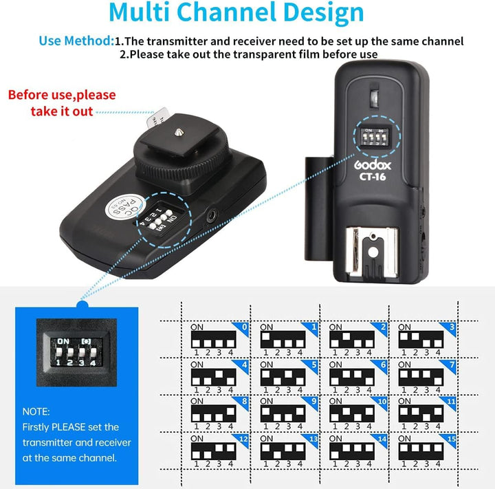 Godox CT - 16 Wireless Radio Flash Trigger Receiver Kit, 16 Channel 433MHz Wireless Flash Trigger Kit (1x Transmitter+2X Receiver), Compatible with Canon Nikon Pentax DSLR Camera - Letwell