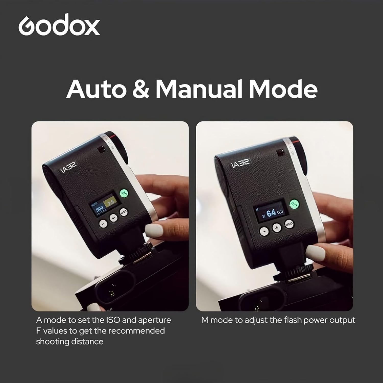 Godox Flash Godox iA32 Mini Camera Flash - Automatic Flash GN 15, 8 Power Levels/2.5sRecycle/490 Flash Times/Auto/Manual Modes,Mini Flash forCanon/Nikon/Sony/FujiCameras(Not Compatible for Sony ZV - 1F) - Letwell