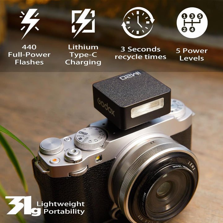 Godox iM20 Camera Flash - USB C Charging/5 Levels/470 mAh Built - in Battery/GN10/440 Full - Power Flashes/3s Recycle Times/Manual Godox Flash for Sony zv1/Sony zve10/etc. NOT for ZV - 1F - Letwell
