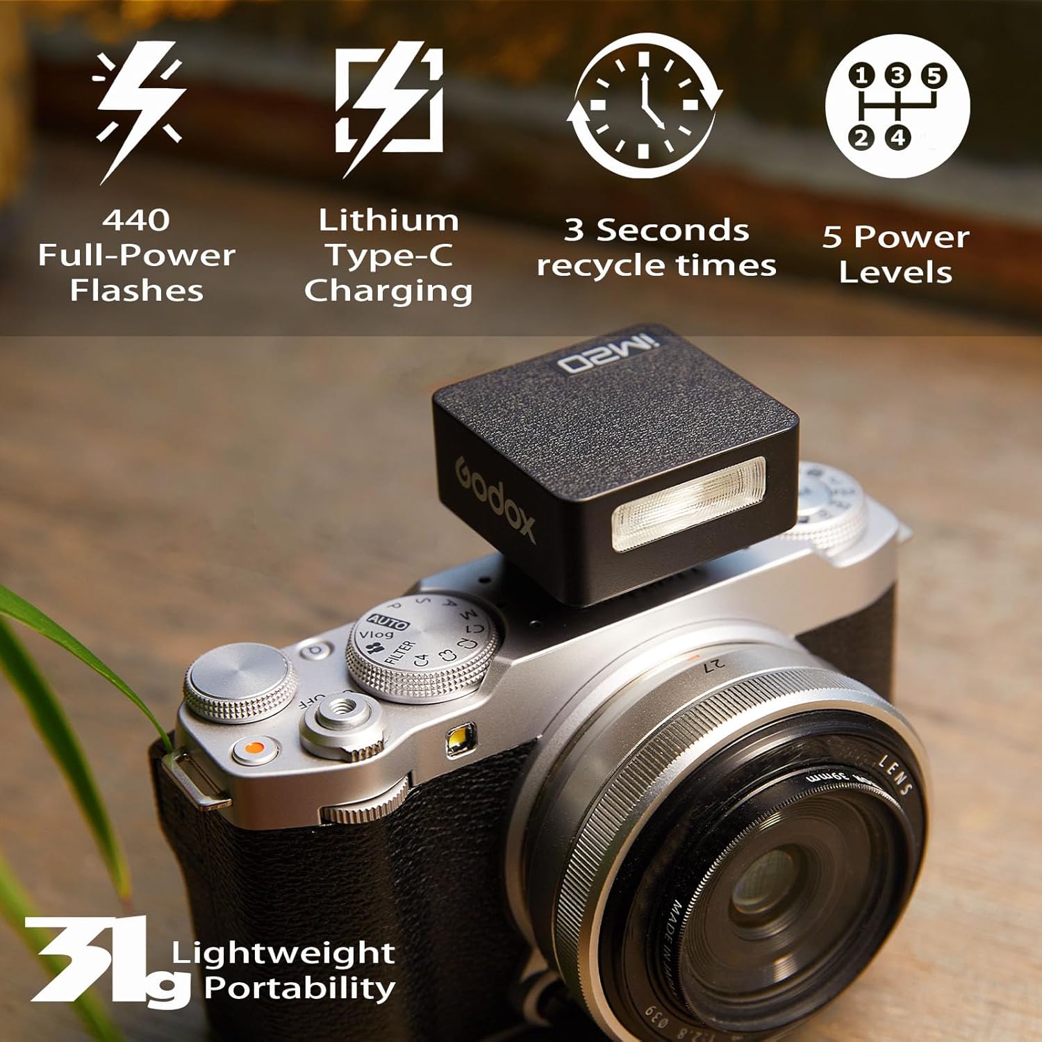 Godox iM20 Camera Flash - USB C Charging/5 Levels/470 mAh Built - in Battery/GN10/440 Full - Power Flashes/3s Recycle Times/Manual Godox Flash for Sony zv1/Sony zve10/etc. NOT for ZV - 1F - Letwell