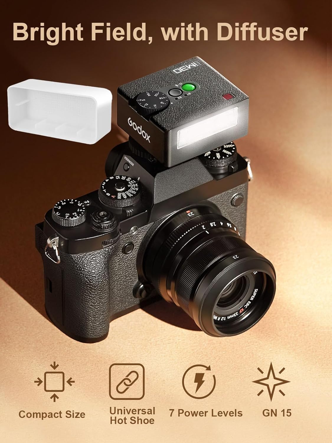 Godox iM30 with Diffuser Godox Mini Flash - Camera Flash GN 15, 7 Power Levels, Manual Flash for Canon/Sony zv1/Sony zve10 /Ricoh gr3/Nikon/Fuji f1 - 230 Full - Power Flashes/6500K±200K/3.6S Recycle - Letwell