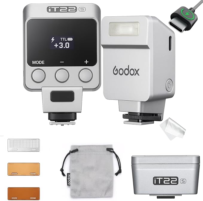 Godox IT22 TTL Mini Flash, iT22S Camera Flash, GoDox TTL Flash, 700+ Flashes /1.5 s Recycling/1/32～1/1, Adjustable in ±1/3 Increments/USB - C Charging/HotShoeTrigger, W/Spreader&Color Filters - Letwell