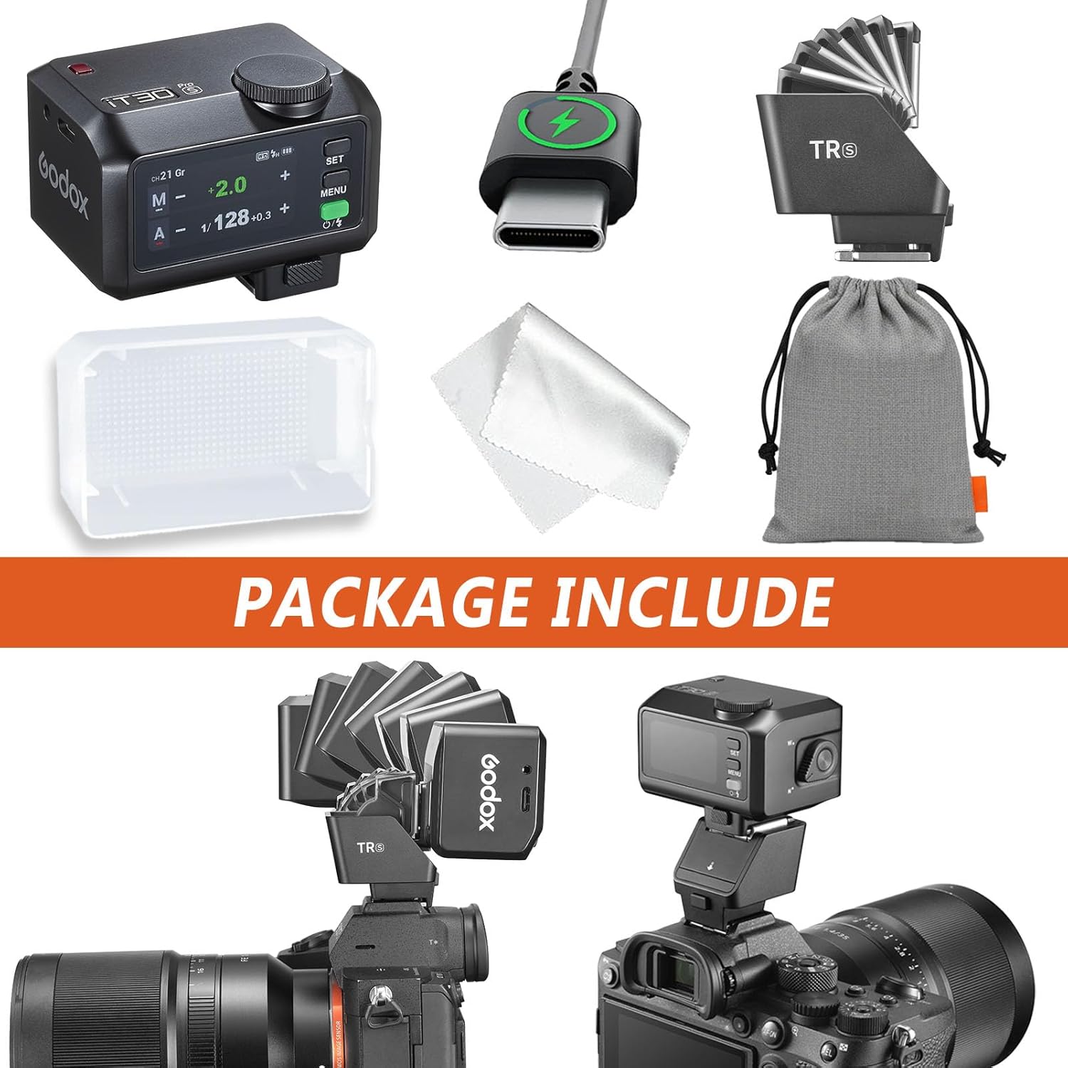 GODOX iT30pro s for Sony with GodoX TR - S Hotshoe Riser TR S & Diffuser - IT30 Pro for Sony iT30 PRO TTL Flash, Wireless Master & Receiver, HSS 1/8000 Second, 2.4G Wireless, Touchscreen - Letwell