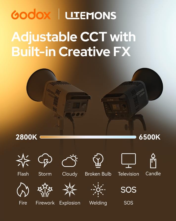 Godox LE200Bi Bi - Color LED Light, 220W GODOX Light All Metal Body,CRI/TLCI98+, CCT 2800K - 6500K/11 FX Effects/Bowens Mount/Whisper - Quiet Fan, App/DMX/NFC/CRMX Control, for Video, Streaming & Studio - Letwell