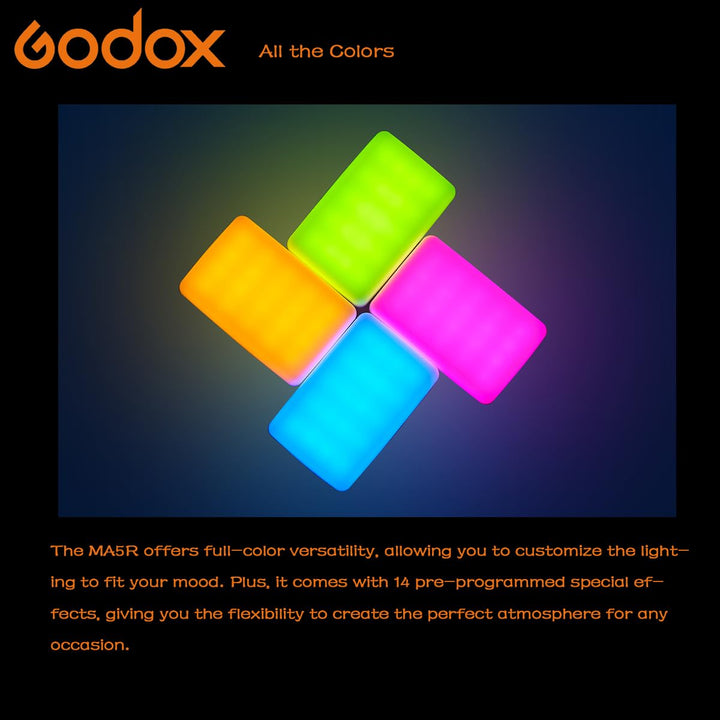 Godox MA5R Full - Color LED Light, Magnetic Charging Selfie Light CRI95 TLCI97, CCT 1800K - 10000K,14 Fx Modes,HSI Adjustment,NFC/Bluetooth Connectivity,GM Adjust, 0% - 100% Adjust, forYouTube/TikTok etc. - Letwell