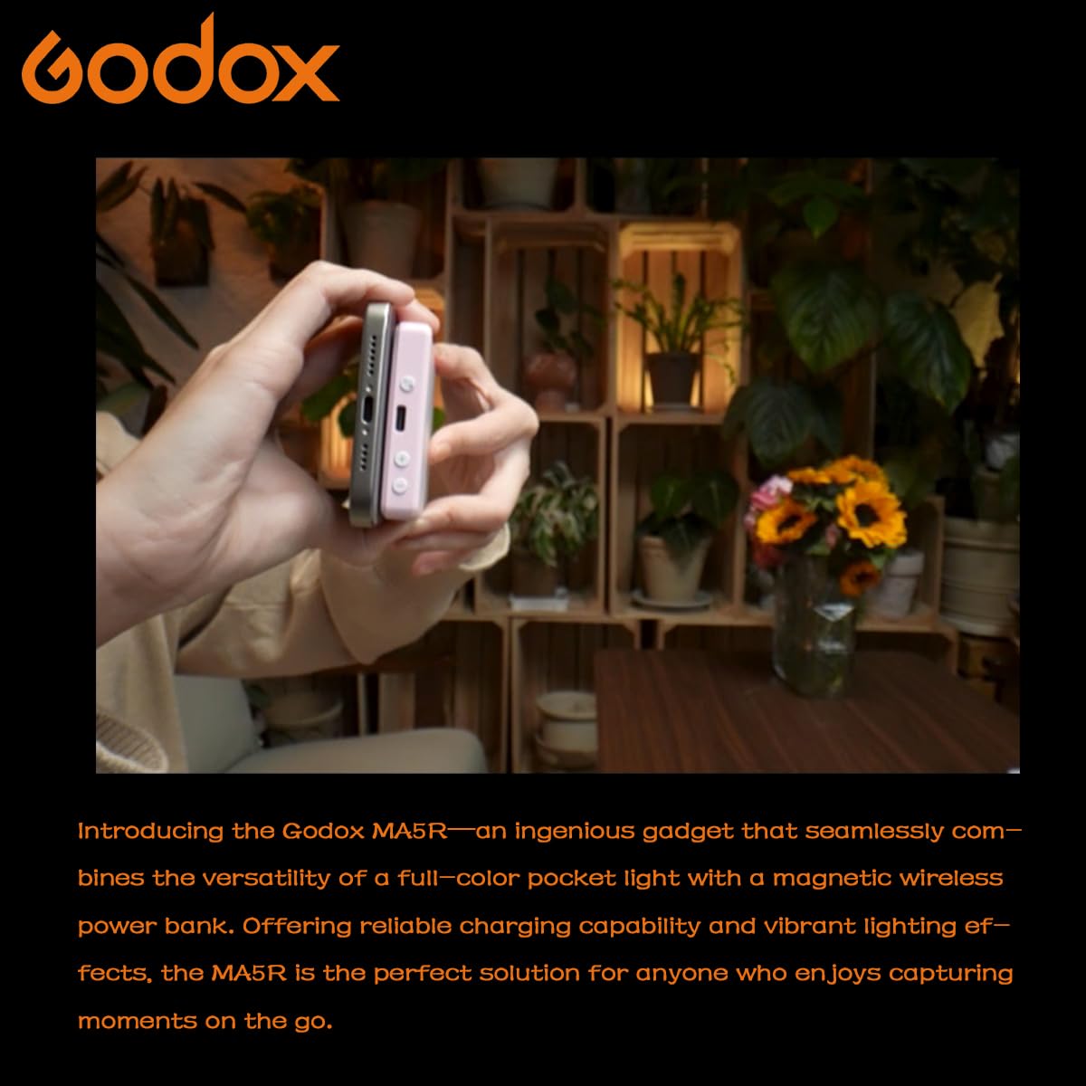 Godox MA5R Full - Color LED Light, Magnetic Charging Selfie Light CRI95 TLCI97, CCT 1800K - 10000K,14 Fx Modes,HSI Adjustment,NFC/Bluetooth Connectivity,GM Adjust, 0% - 100% Adjust, forYouTube/TikTok etc. - Letwell