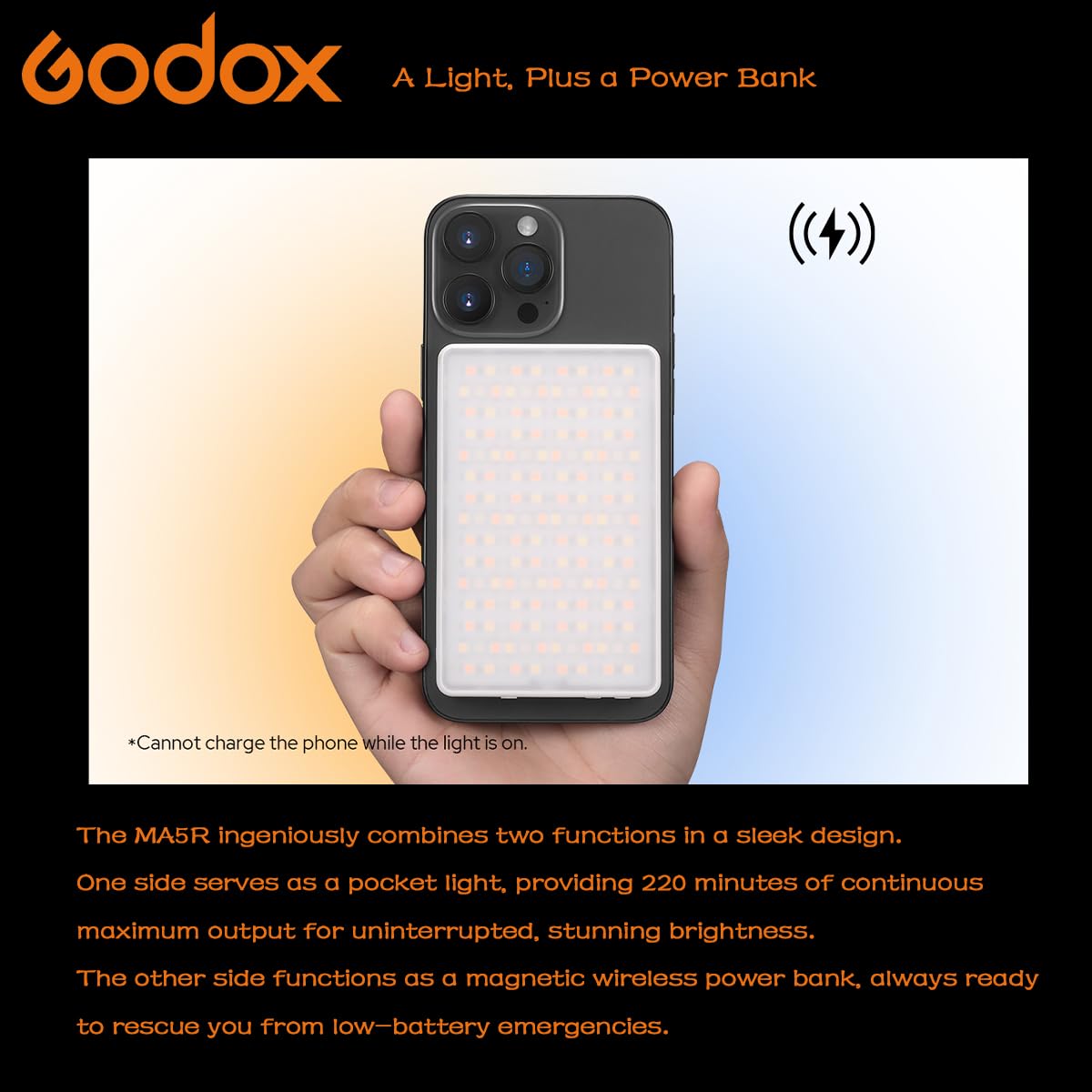 Godox MA5R Full - Color LED Light, Magnetic Charging Selfie Light CRI95 TLCI97, CCT 1800K - 10000K,14 Fx Modes,HSI Adjustment,NFC/Bluetooth Connectivity,GM Adjust, 0% - 100% Adjust, forYouTube/TikTok etc. - Letwell