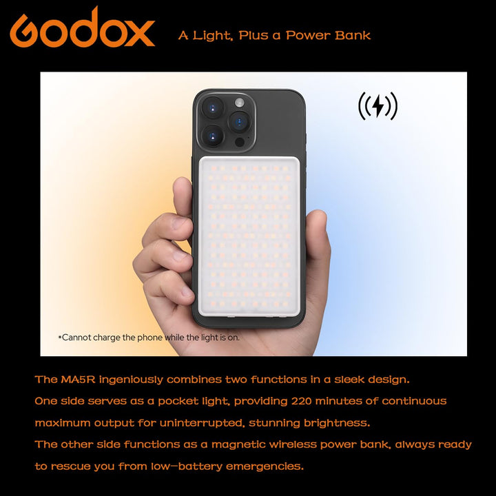 Godox MA5R Full - Color LED Light, Magnetic Charging Selfie Light CRI95 TLCI97, CCT 1800K - 10000K,14 Fx Modes,HSI Adjustment,NFC/Bluetooth Connectivity,GM Adjust, 0% - 100% Adjust, forYouTube/TikTok etc. - Letwell
