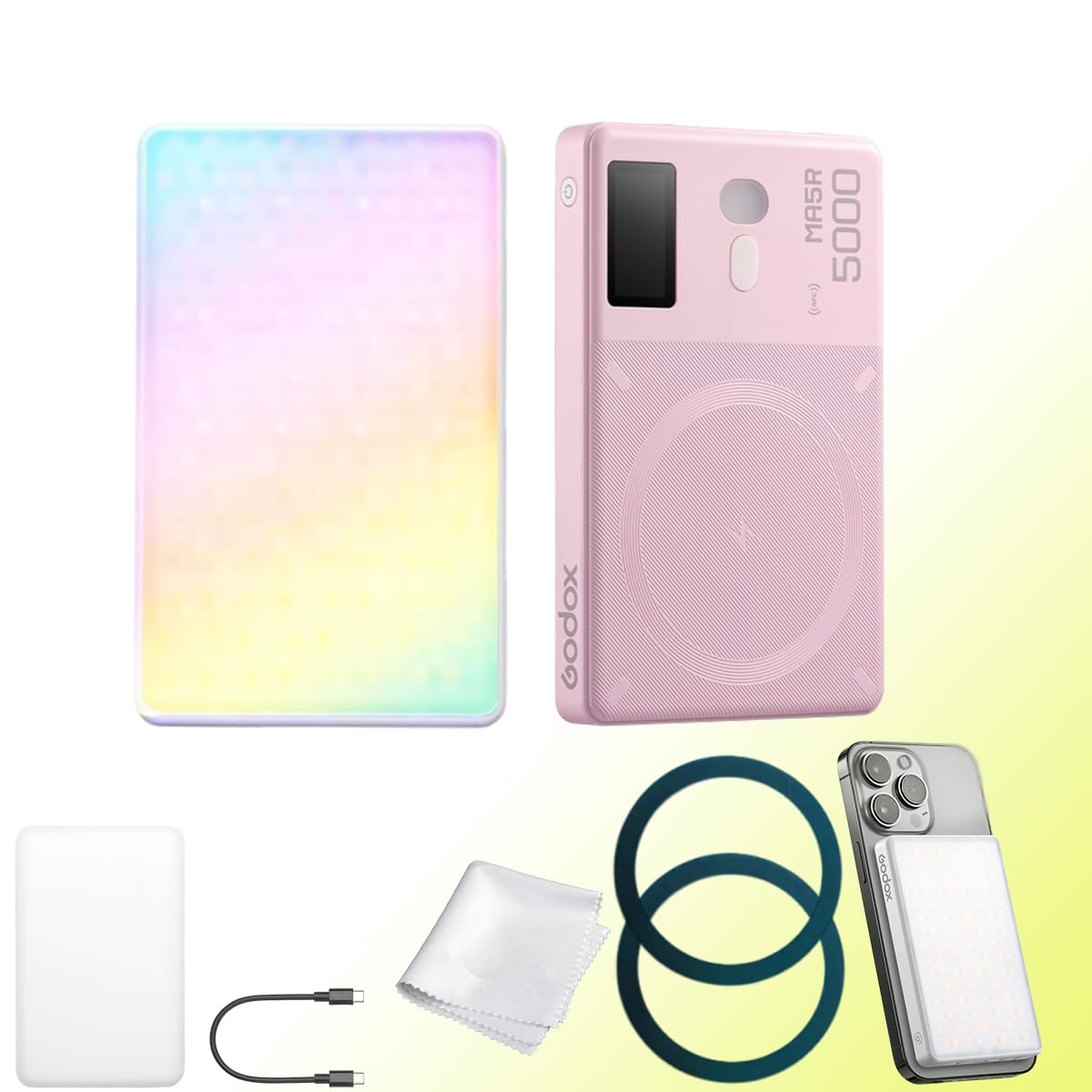 Godox MA5R Full - Color LED Light, Magnetic Charging Selfie Light CRI95 TLCI97, CCT 1800K - 10000K,14 Fx Modes,HSI Adjustment,NFC/Bluetooth Connectivity,GM Adjust, 0% - 100% Adjust, forYouTube/TikTok etc. - Letwell