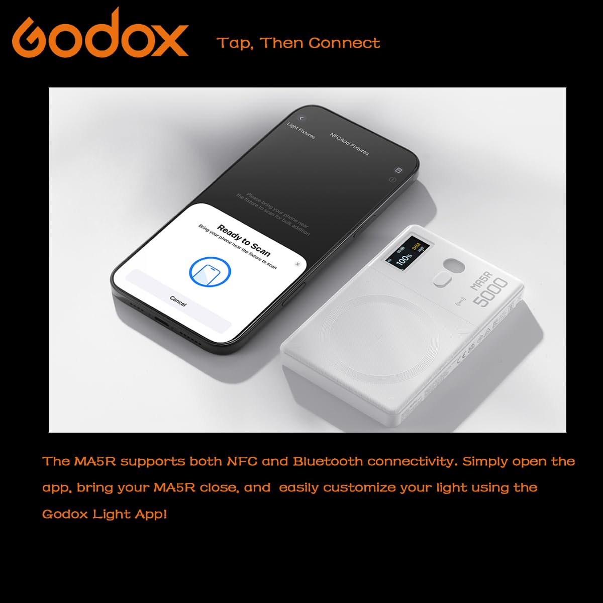 Godox MA5R Full - Color LED Light, Magnetic Charging Selfie Light CRI95 TLCI97, CCT 1800K - 10000K,14 Fx Modes,HSI Adjustment,NFC/Bluetooth Connectivity,GM Adjust, 0% - 100% Adjust, forYouTube/TikTok etc. - Letwell