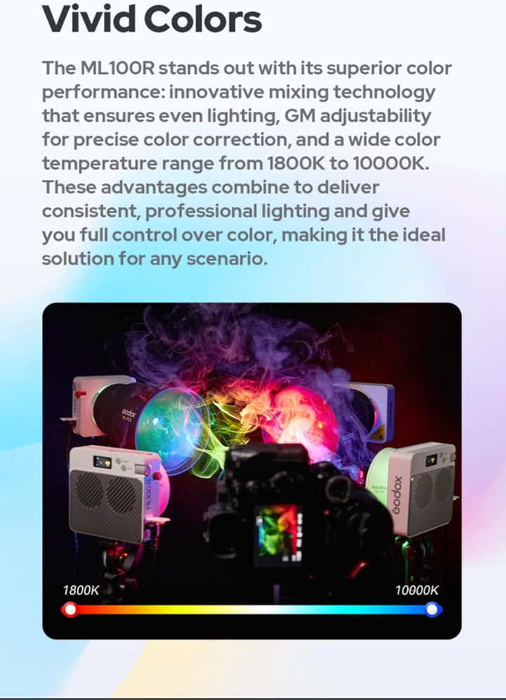 Godox ML100R 110W RGB LED Video Light, with Interchangeable 15° Reflector/1800 - 10000K CCT/14 Cinematic FX Effects/Multiple Power Options/Supports App Control,for Filming/Live Streaming etc. - Letwell