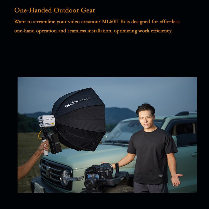 Godox ML60IIBi 70W Bi - Color LED Monolight - Handheld COB LED Video Light, APP Control, 2800K - 6500K CRI 96+/TLCI 97+,Built - in 11 Lighting Effects, with AK - B01 Bracket Handle+NP - F970 Batteries - Letwell