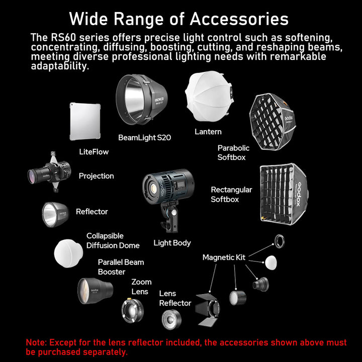 GODOX RS60R RGB Led Video Light, with CCT 1800 - 10000K, 14 Lighting Effects, HSI and RGBW Modes, Supports DMX/APP Control and Multiple Power Solutions - Letwell