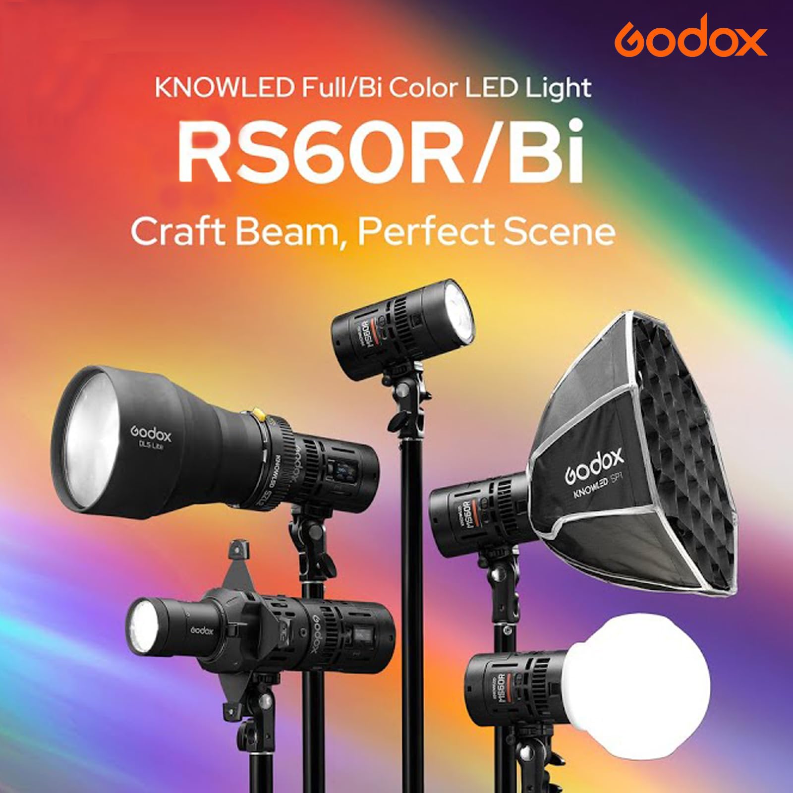 GODOX RS60R RGB Led Video Light, with CCT 1800 - 10000K, 14 Lighting Effects, HSI and RGBW Modes, Supports DMX/APP Control and Multiple Power Solutions - Letwell