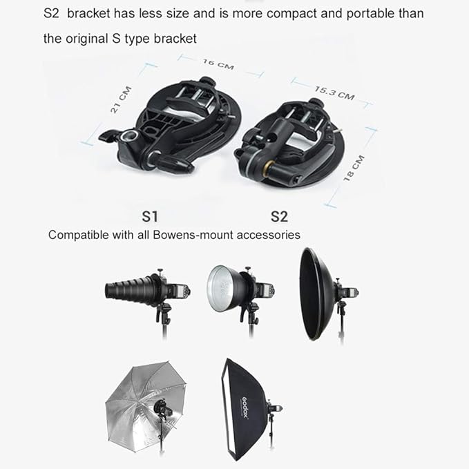 Godox S2 Speedlite S - Type Bracket Bowens Mount, for Godox V100 AD200Pro II V1Pro AD200Pro AD400Pro AD200 V860II TT685 TT600 TT350, Precise Tilt Control, Large Handle, Integrated Umbrella Mount - Letwell
