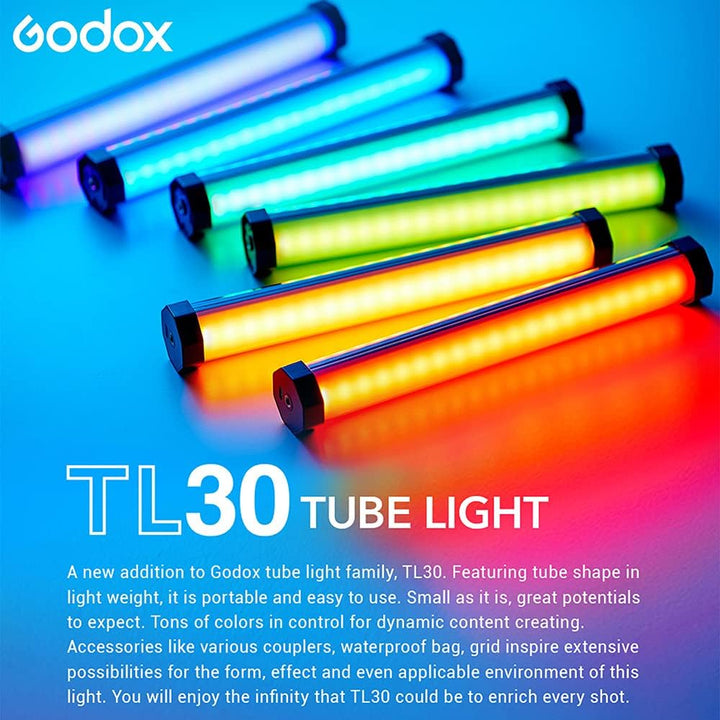 Godox TL30 Full - Color RGB Tube Light, CRI 97 TLCI 99 Accurate Color, RGB CCT HSI Mode, 2700k - 6500K Adjustable, 13 Fx Light Effect, APP Control Support, Brightness Adjustable, Magnet Design - Letwell