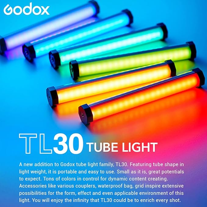 Godox TL30 Full - Color RGB Tube Light, CRI 97 TLCI 99 Accurate Color, RGB CCT HSI Mode, 2700k - 6500K Adjustable, 13 Fx Light Effect, APP Control Support, Brightness Adjustable, Magnet Design - Letwell