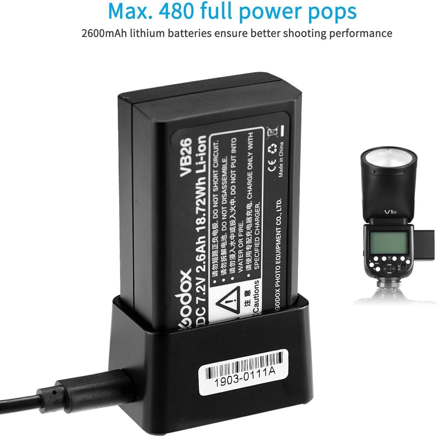 Godox V1 Flash Cameras, 1/8000s HSS TTL Speedlite, 480 Full Power Shots, 1.5s Recycle Time, 76Ws 2600mAh Battery, 10 - Level LED Lamp, 2.4G TTL Round Head Flash - Letwell