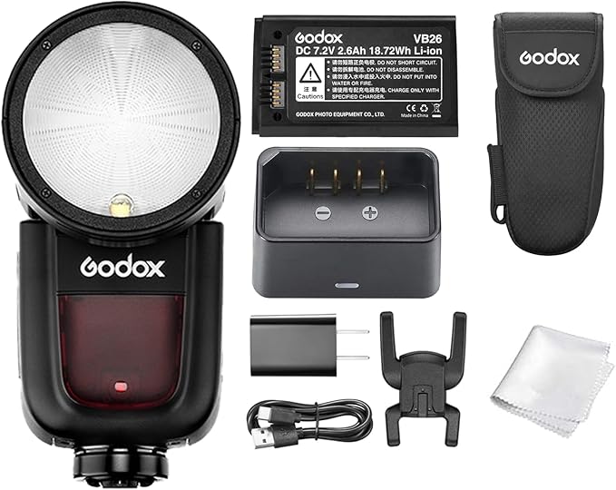 Godox V1 Flash Cameras, 1/8000s HSS TTL Speedlite, 480 Full Power Shots, 1.5s Recycle Time, 76Ws 2600mAh Battery, 10 - Level LED Lamp, 2.4G TTL Round Head Flash - Letwell