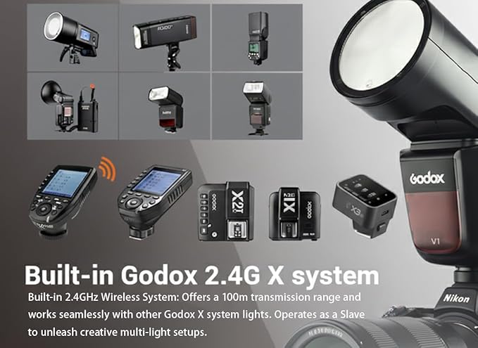 Godox V1 Flash Cameras, 1/8000s HSS TTL Speedlite, 480 Full Power Shots, 1.5s Recycle Time, 76Ws 2600mAh Battery, 10 - Level LED Lamp, 2.4G TTL Round Head Flash - Letwell