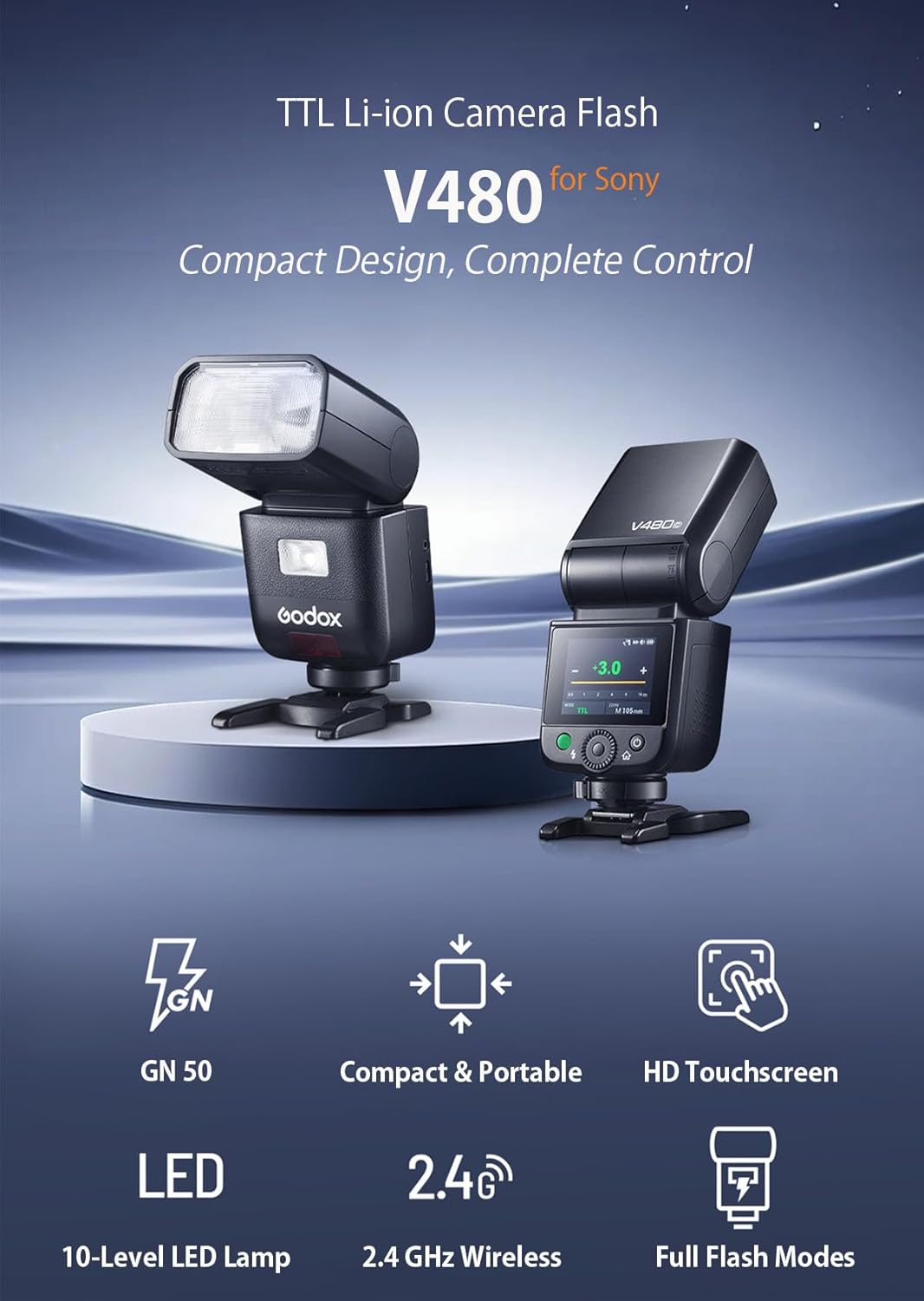 Godox V480 GODOX TTL Flash – GN50/1.7s Recycle/650 Flash Time/HSS/Smart Distance Readout/10 Level LED Modeling lamp/2.0” Touchscreen/2.4G Wireless System/TTL Camera Flash - Letwell