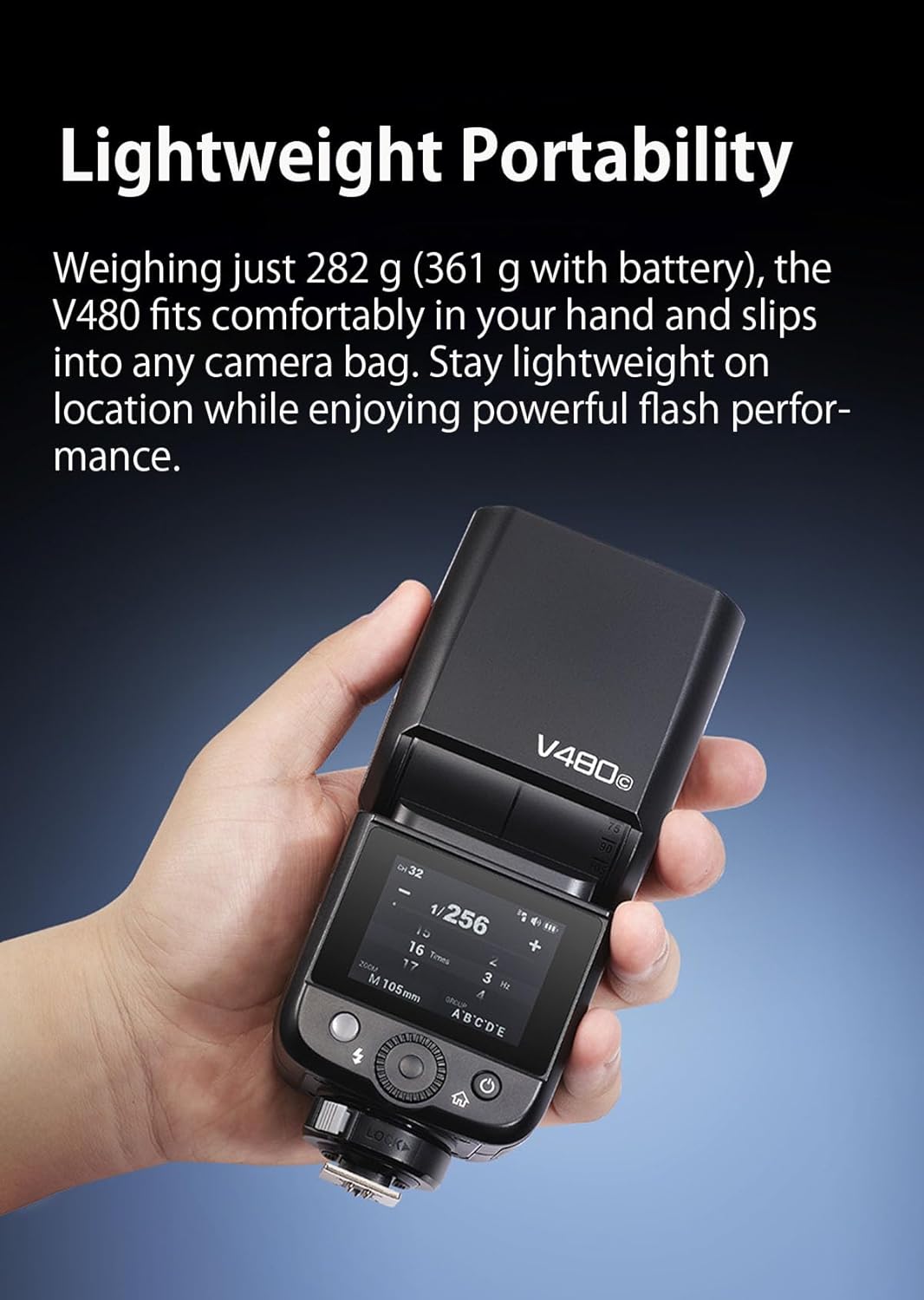 Godox V480 GODOX TTL Flash – GN50/1.7s Recycle/650 Flash Time/HSS/Smart Distance Readout/10 Level LED Modeling lamp/2.0” Touchscreen/2.4G Wireless System/TTL Camera Flash - Letwell