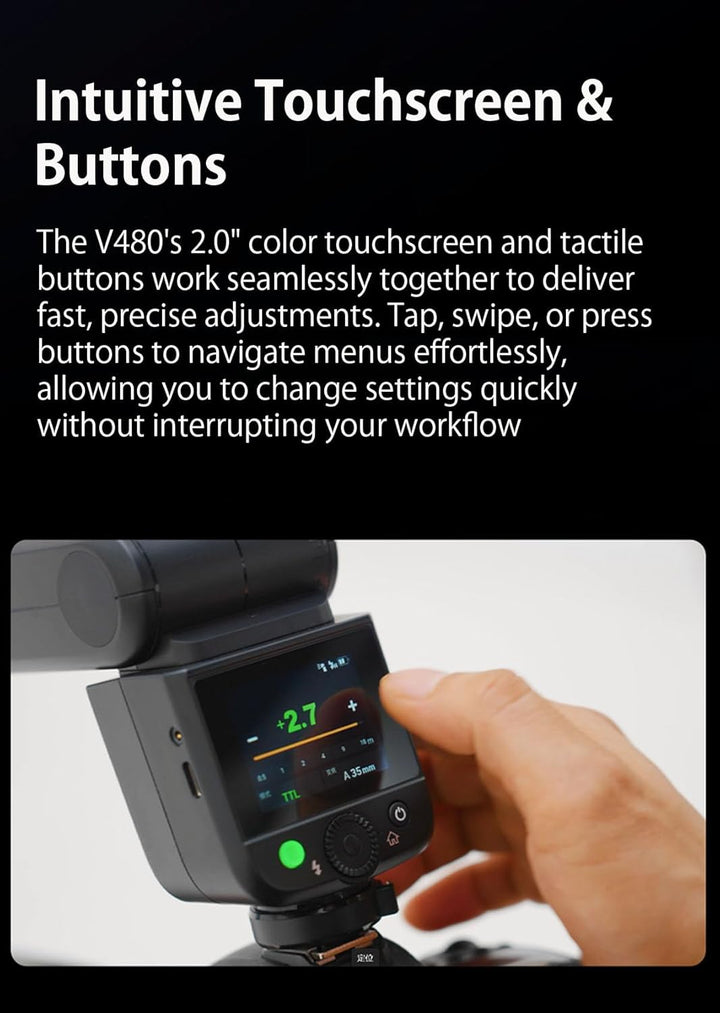 Godox V480 GODOX TTL Flash – GN50/1.7s Recycle/650 Flash Time/HSS/Smart Distance Readout/10 Level LED Modeling lamp/2.0” Touchscreen/2.4G Wireless System/TTL Camera Flash - Letwell