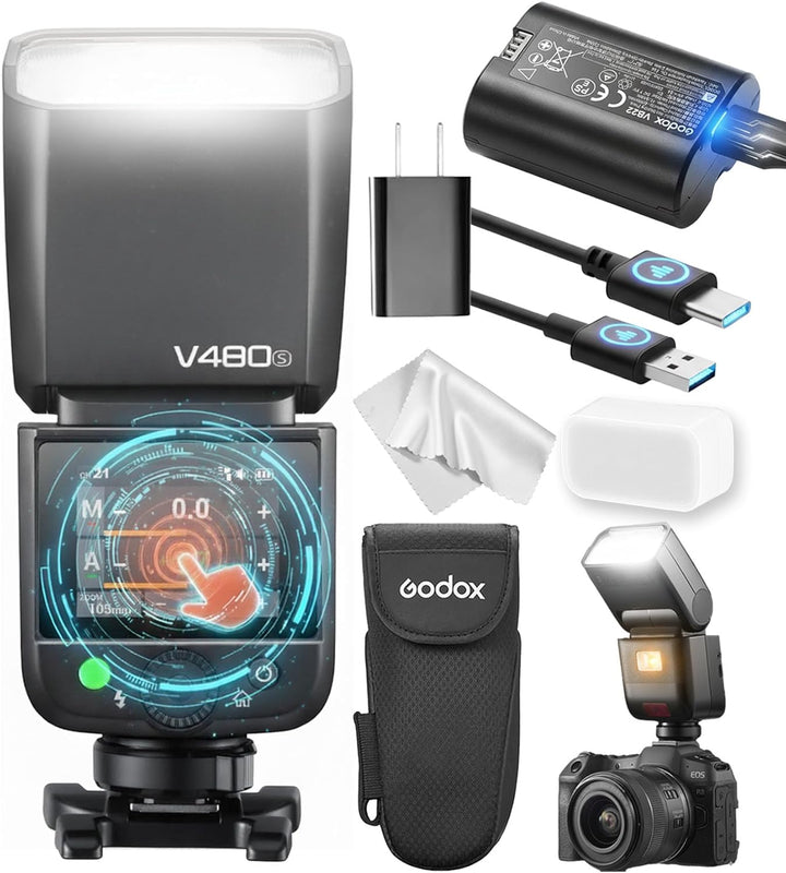 Godox V480 GODOX TTL Flash – GN50/1.7s Recycle/650 Flash Time/HSS/Smart Distance Readout/10 Level LED Modeling lamp/2.0” Touchscreen/2.4G Wireless System/TTL Camera Flash - Letwell