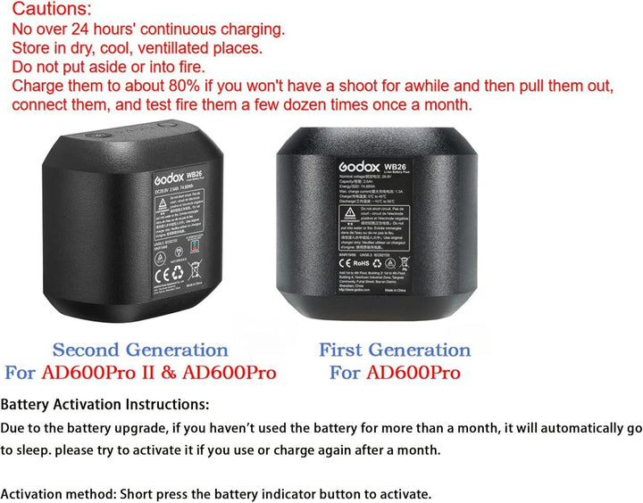 GODOX WB26 WB26A Battery for AD600Pro II AD600Pro - 【Upgraded Version】 Rechargeable Li - ion Replacement, DC 28.8V 2.6Ah 74.88Wh – Also Compatible with Flashpoint XPLOR 600PRO II and XPLOR 600PRO - Letwell