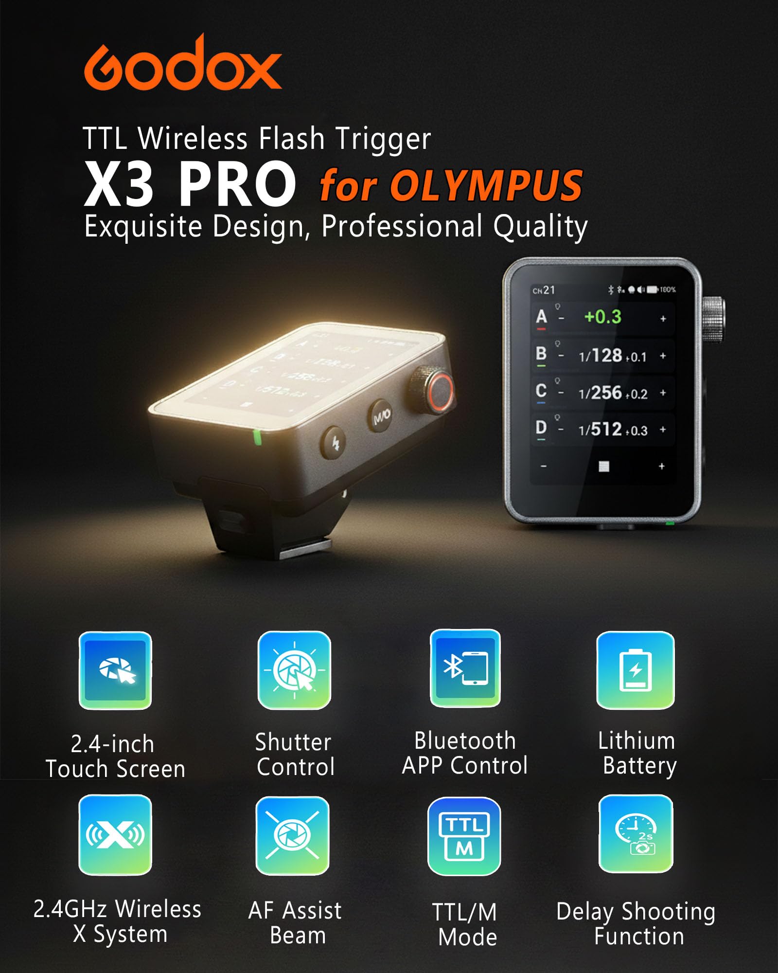 GODOX X3 PRO O for X3PRO TTL Wireless Flash Trigger for Olympus with Bluetooth Integration & APP Control Touch Screen 2.4GHz Wireless X System Pro Shooting Modes Shutter Control Fast Charging - Letwell
