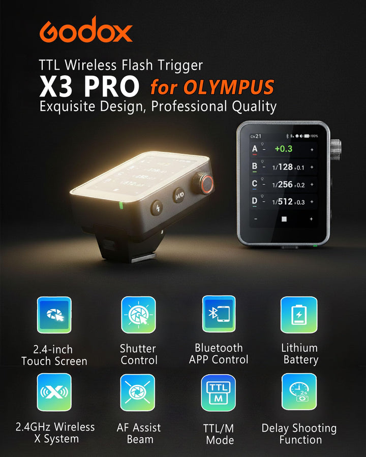 GODOX X3 PRO O for X3PRO TTL Wireless Flash Trigger for Olympus with Bluetooth Integration & APP Control Touch Screen 2.4GHz Wireless X System Pro Shooting Modes Shutter Control Fast Charging - Letwell